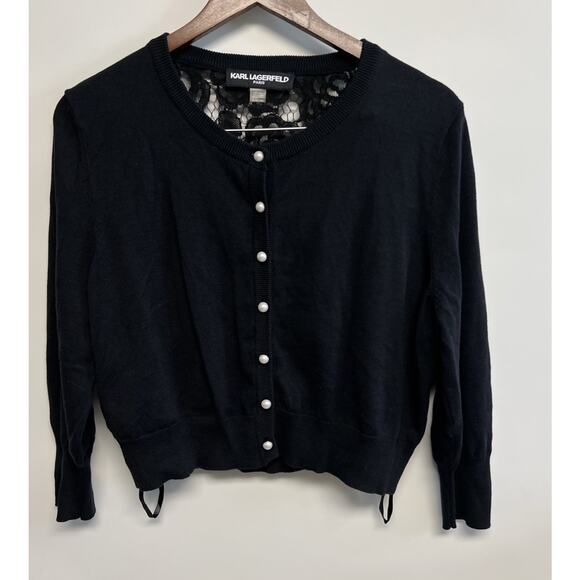 Karl Lagerfeld Paris Black Lace Back Women's XL Pearl Buttons Retro Elegant New - Picture 5 of 10